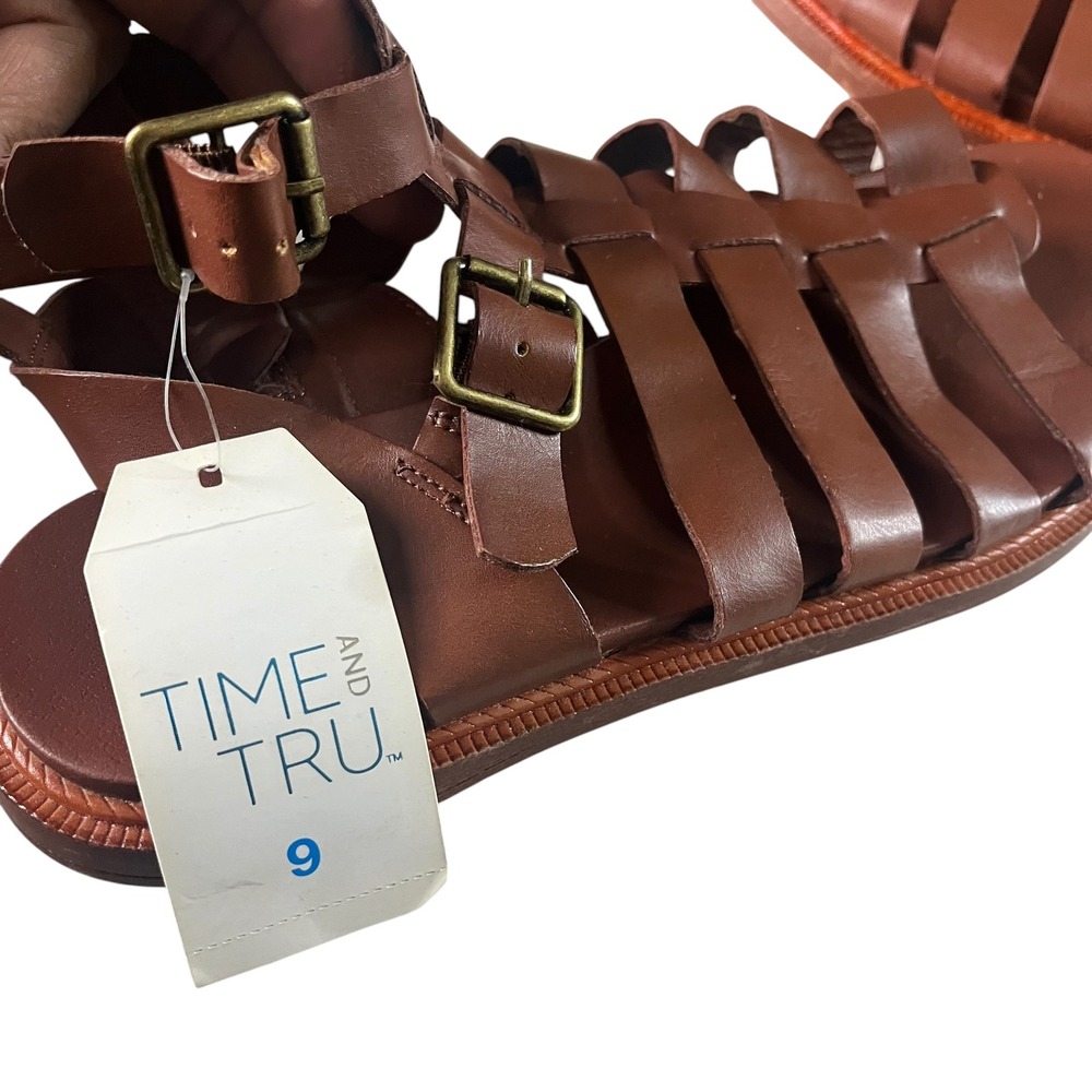 Time and Tru Strappy Gladiator Sandals Women 9 Brown Boho Roman Cage Flat - Picture 7 of 12